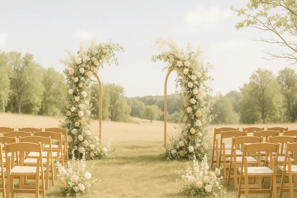 Arche fleurie et décor champêtre pour cérémonie laïque en plein air – Moment de Grâce, agence de cérémonies haut de gamme en Bretagne.