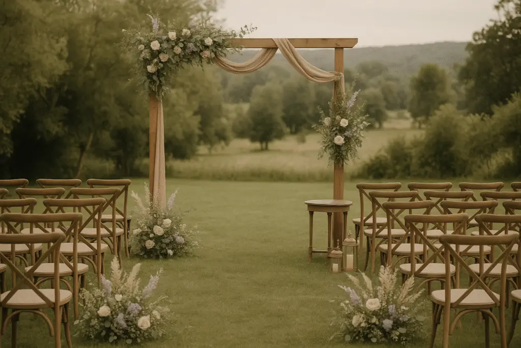 Arche en bois décorée de fleurs pastel pour une cérémonie laïque champêtre – Moment de Grâce, agence de cérémonies haut de gamme en Bretagne.