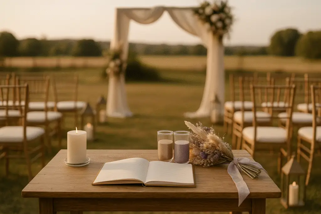 Table de cérémonie laïque au coucher du soleil avec bougie, rituel du sable et bouquet champêtre – Moment de Grâce, agence de cérémonies en Bretagne.