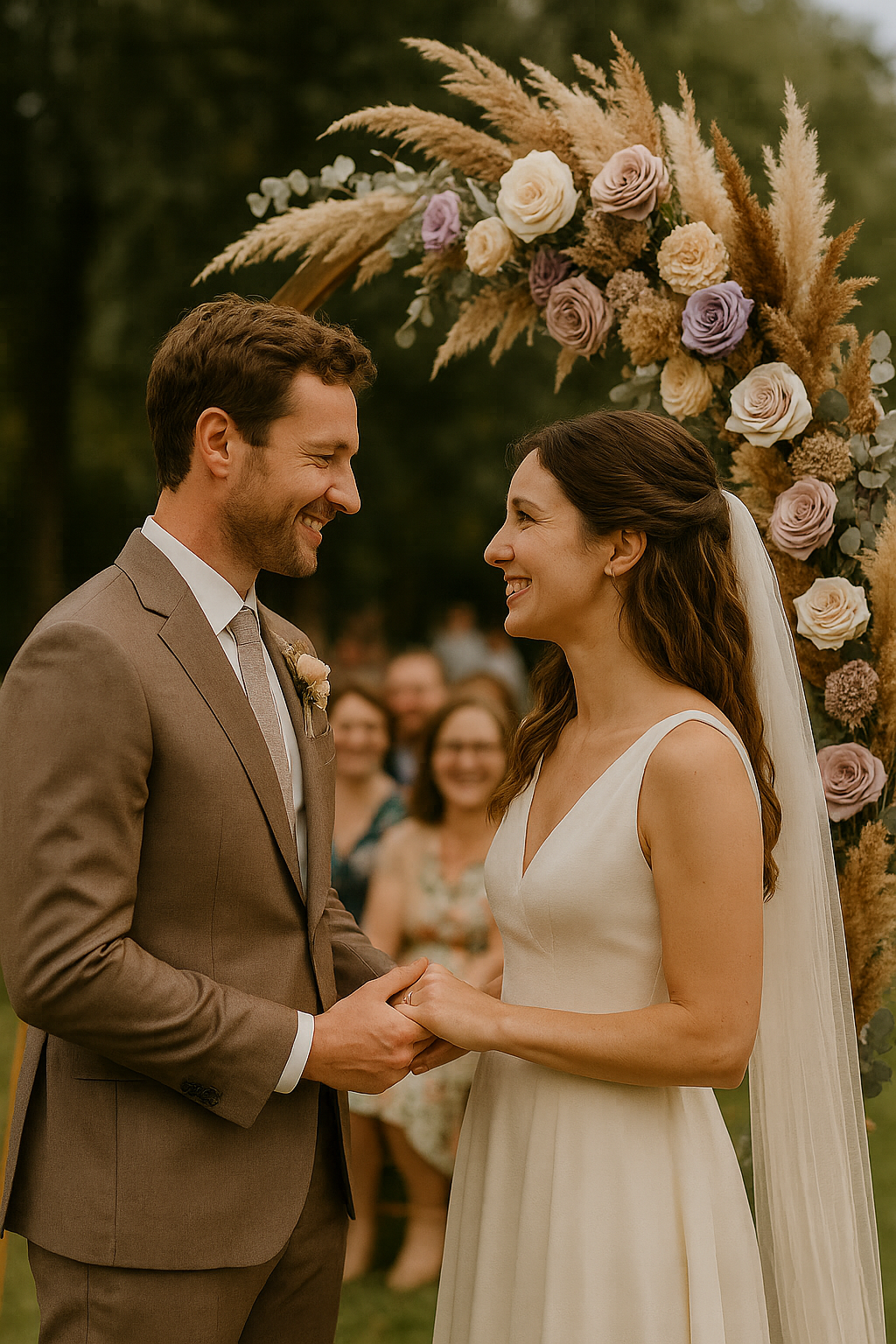 Un couple se regarde tendrement sous une arche florale ornée de pampas et de roses, durant une cérémonie laïque en plein air. Organisation par l’Agence Moment de Grâce en Bretagne.