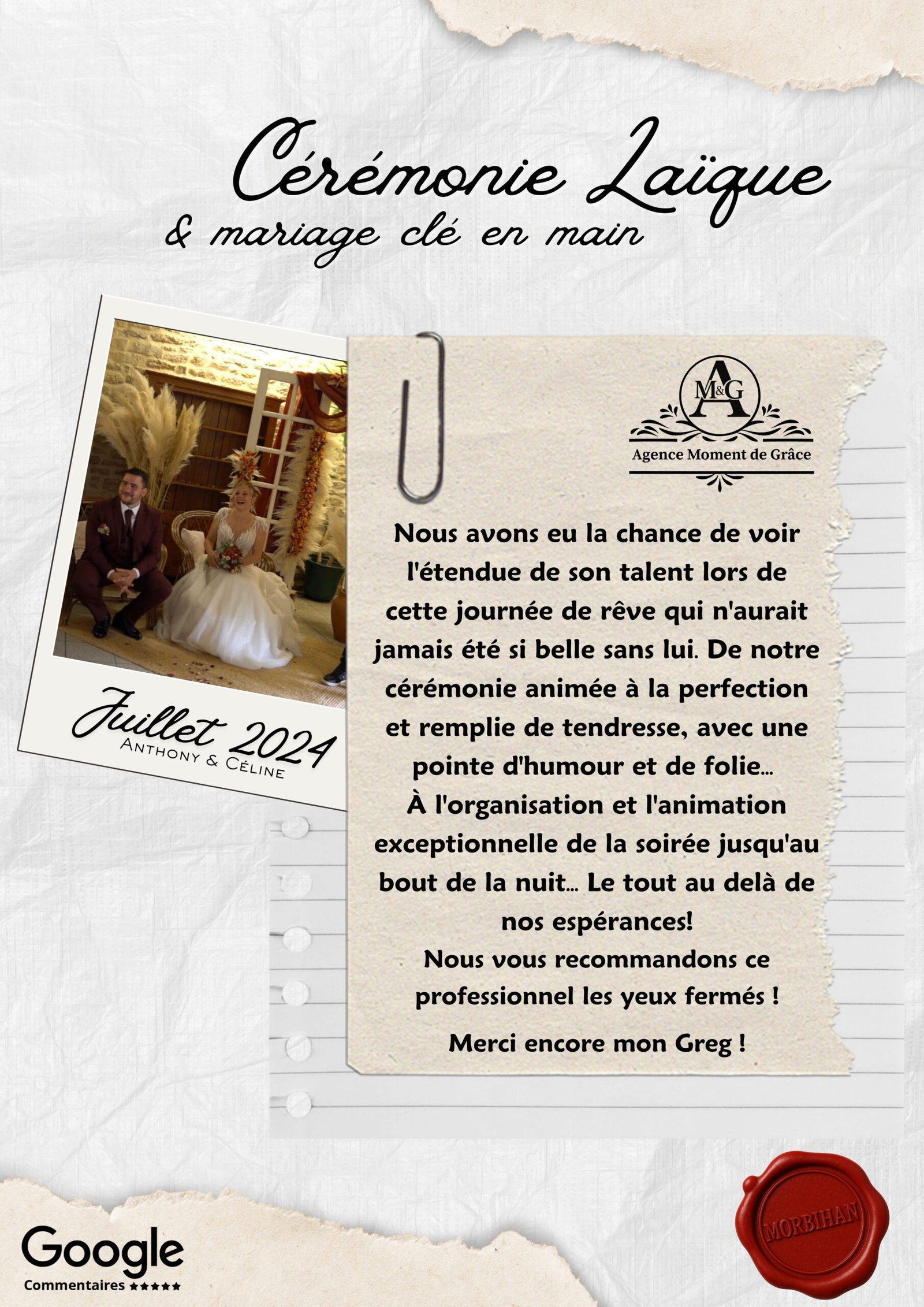 Avis client élogieux sur une cérémonie laïque et un mariage clé en main organisé par l’Agence Moment de Grâce, avec photo des mariés et décor bohème.