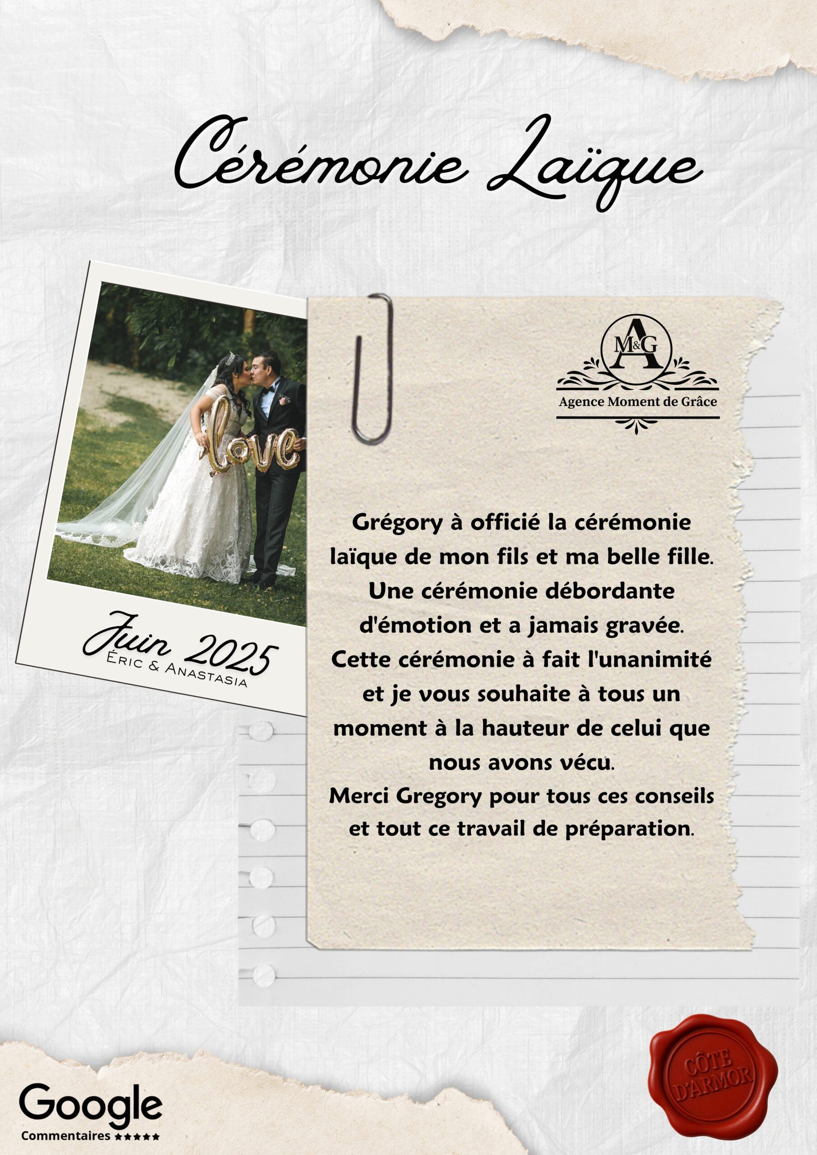 Retour d’expérience d’un proche des mariés sur une cérémonie laïque pleine d’émotion, orchestrée par Grégory de l’Agence Moment de Grâce en juin 2025.