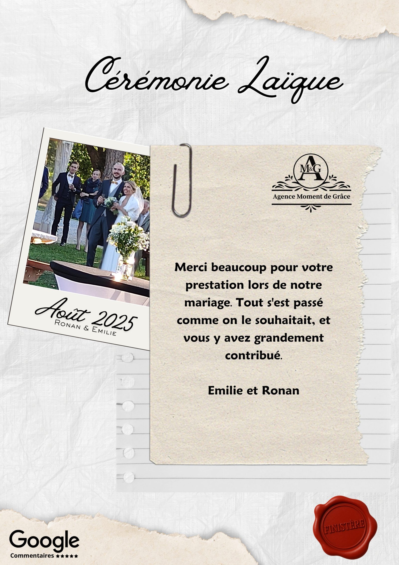 Émilie et Ronan remercient chaleureusement l’Agence Moment de Grâce pour leur cérémonie laïque sur mesure célébrée dans le Finistère en août 2025.