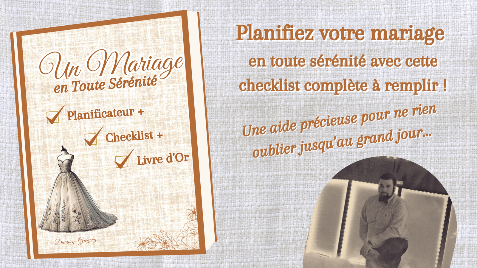 Visuel promotionnel du livre “Un Mariage en Toute Sérénité” par Ducrocq Grégory, publié chez Clémaloé Édition. Outil de planification de mariage avec checklist complète, livre d’or et conseils pratiques pour préparer son mariage sereinement.