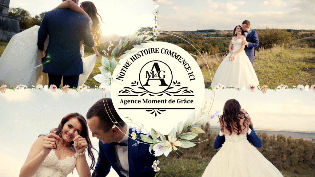 Visuel de bienvenue de l’Agence Moment de Grâce illustrant plusieurs instants de bonheur d’un couple de jeunes mariés, avec le message “Notre histoire commence ici”.