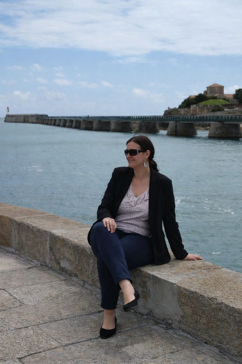 Femme assise au bord de la mer, portant des lunettes de soleil et une veste, avec un pont en pierre en arrière-plan.
