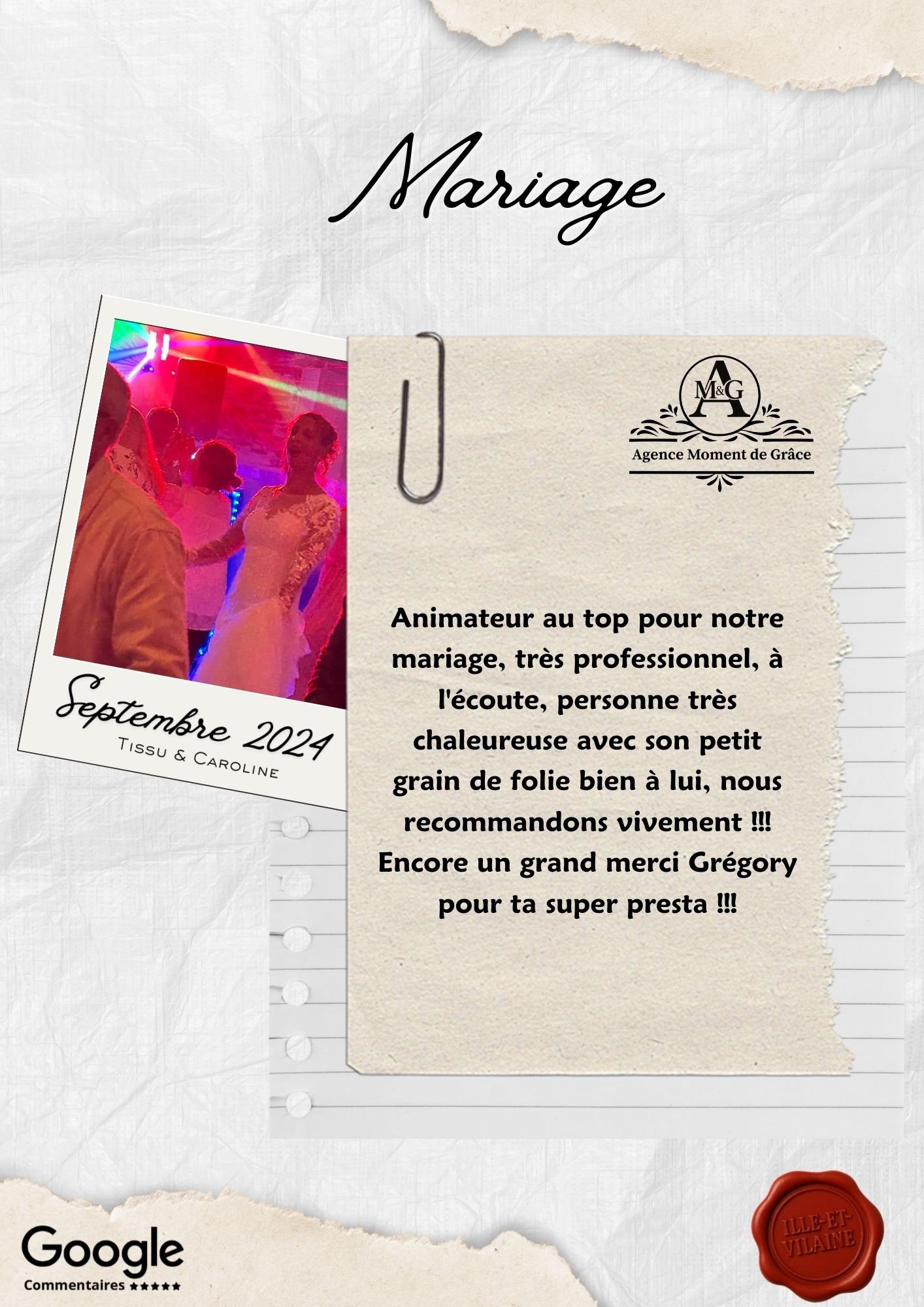 Avis client Google d’un couple de mariés recommandant l’animation de mariage réalisée par l’Agence Moment de Grâce en Bretagne.