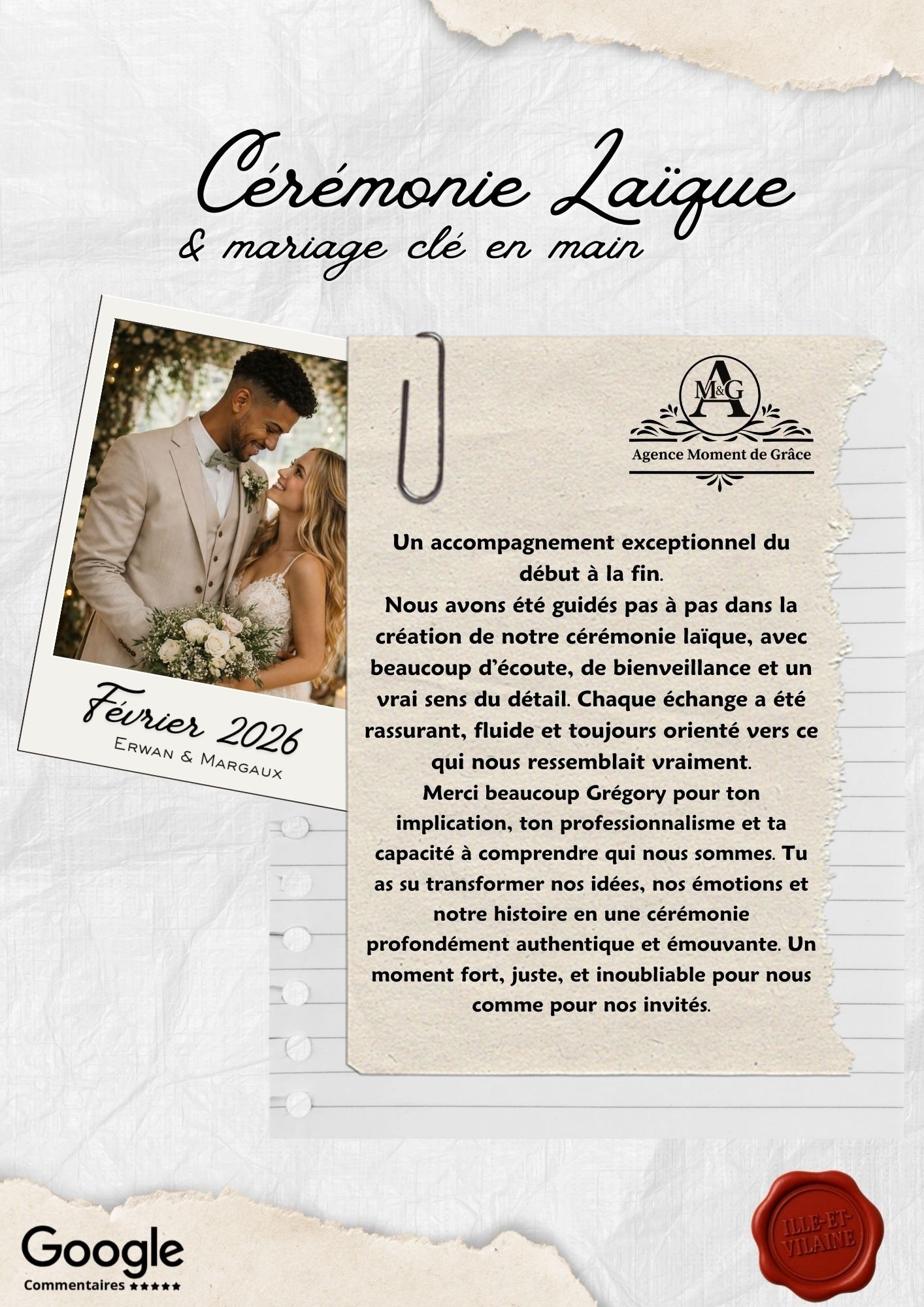 Avis client d’un couple sur l’accompagnement et la création de leur cérémonie laïque de mariage par l’Agence Moment de Grâce en Bretagne.