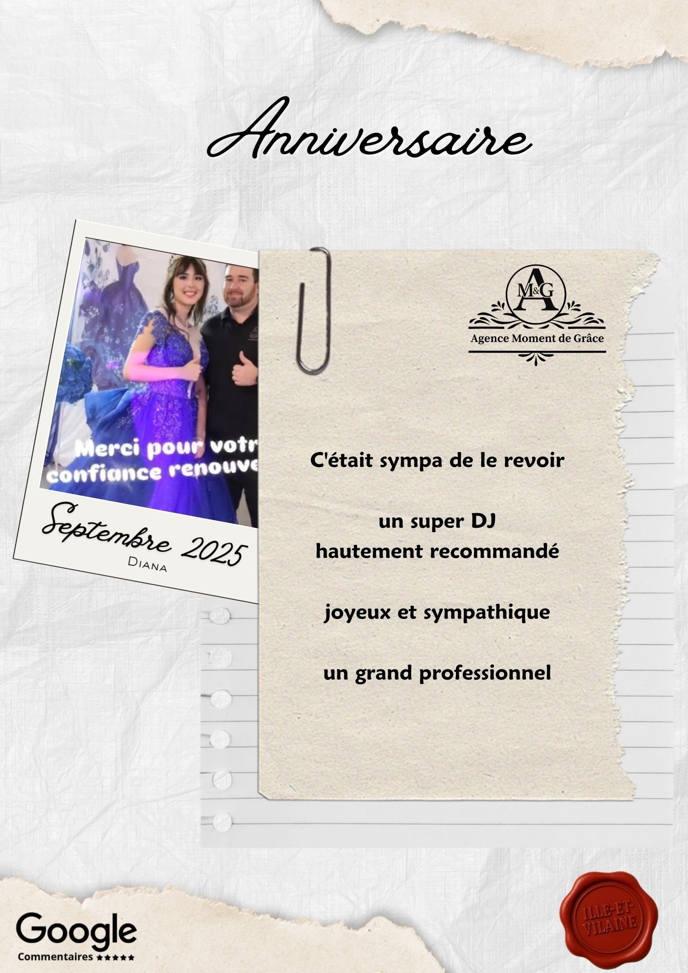 Avis client suite à une animation DJ pour un anniversaire en Bretagne réalisée par l’Agence Moment de Grâce.