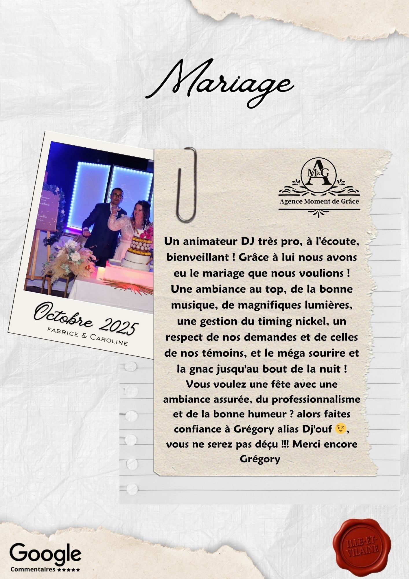 Avis client d’un couple de mariés recommandant l’animation DJ et l’ambiance musicale assurées par l’Agence Moment de Grâce en Bretagne.