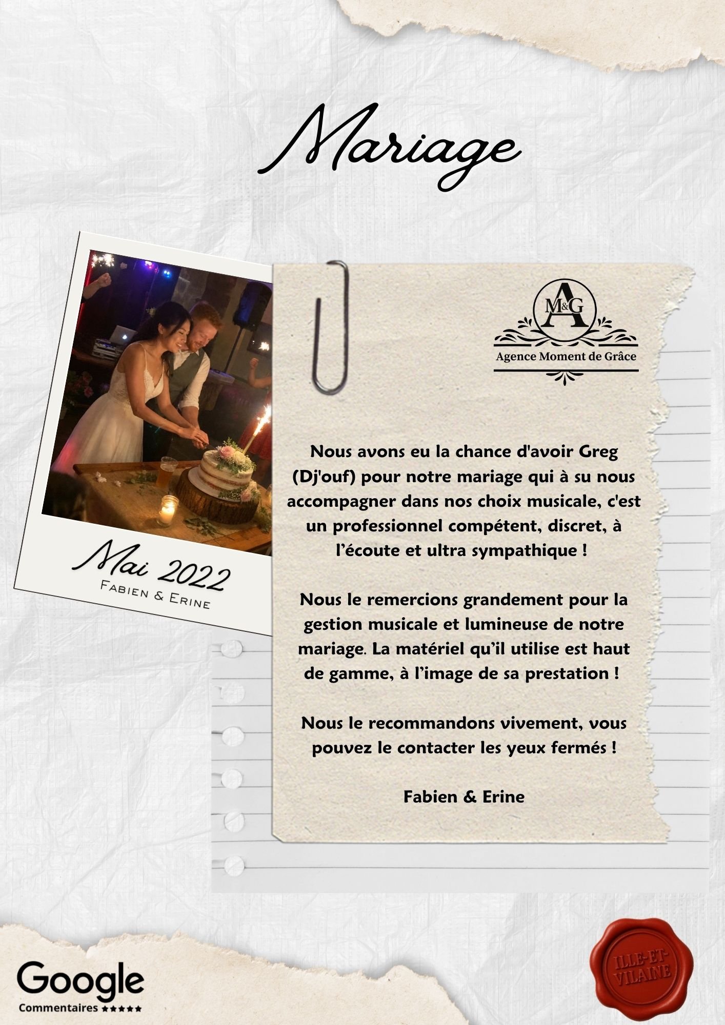 Avis client d’un couple sur l’animation DJ et la gestion musicale de leur mariage par l’Agence Moment de Grâce en Bretagne.