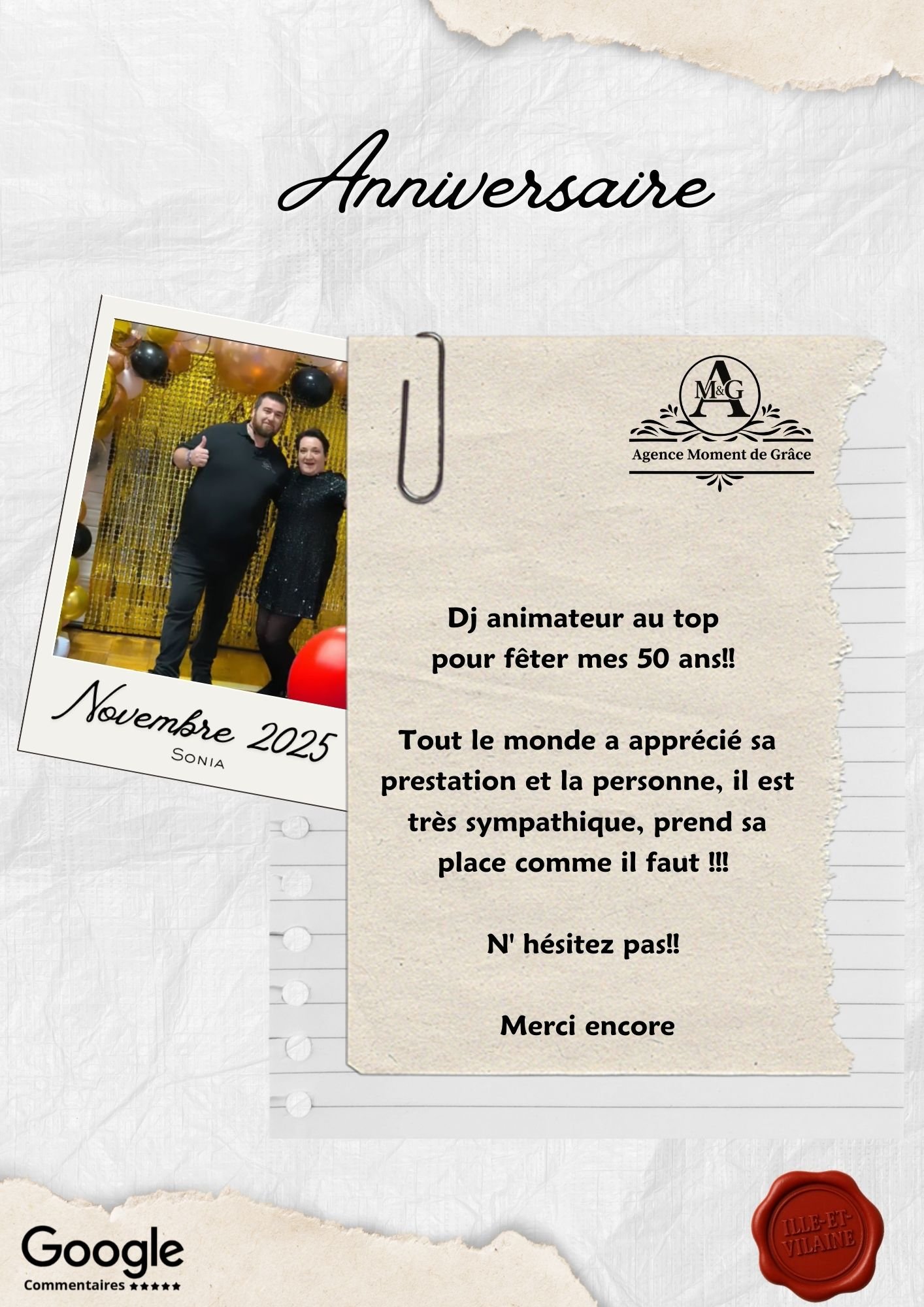 Avis client suite à une animation DJ pour un anniversaire de 50 ans organisée en Bretagne par l’Agence Moment de Grâce.