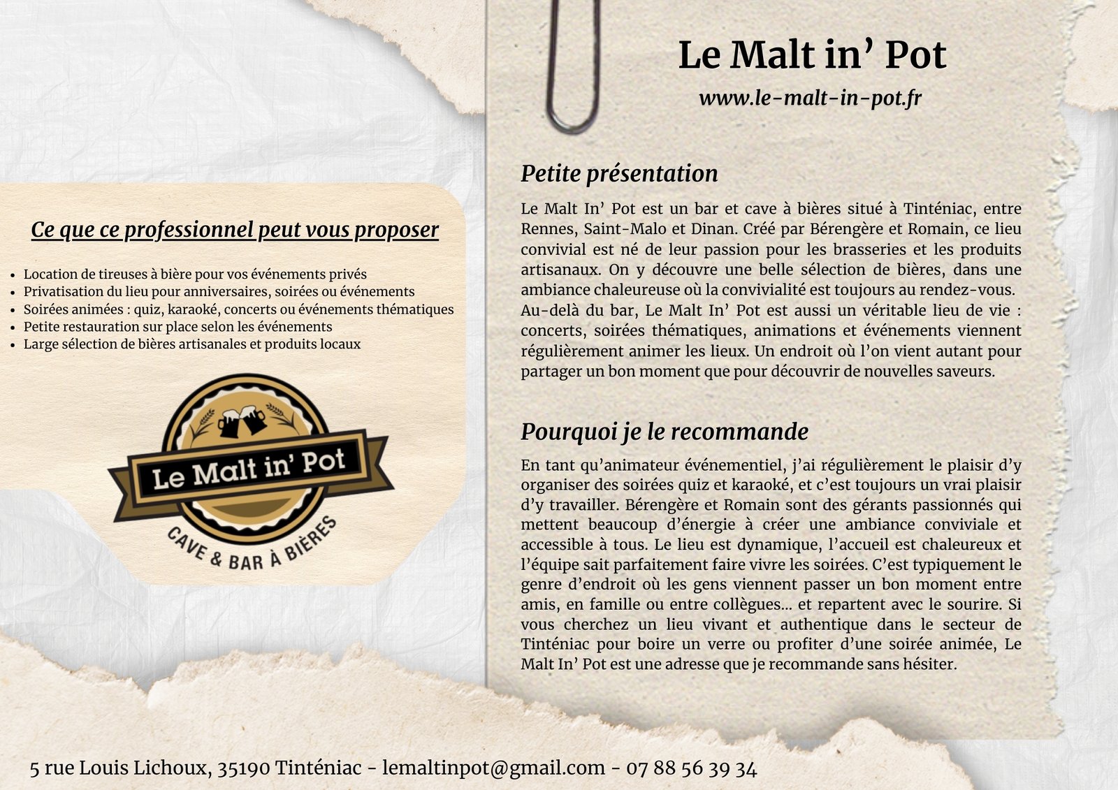 Présentation du bar Le Malt in’ Pot à Tinténiac, partenaire événementiel proposant soirées quiz, karaoké et événements conviviaux en Bretagne.