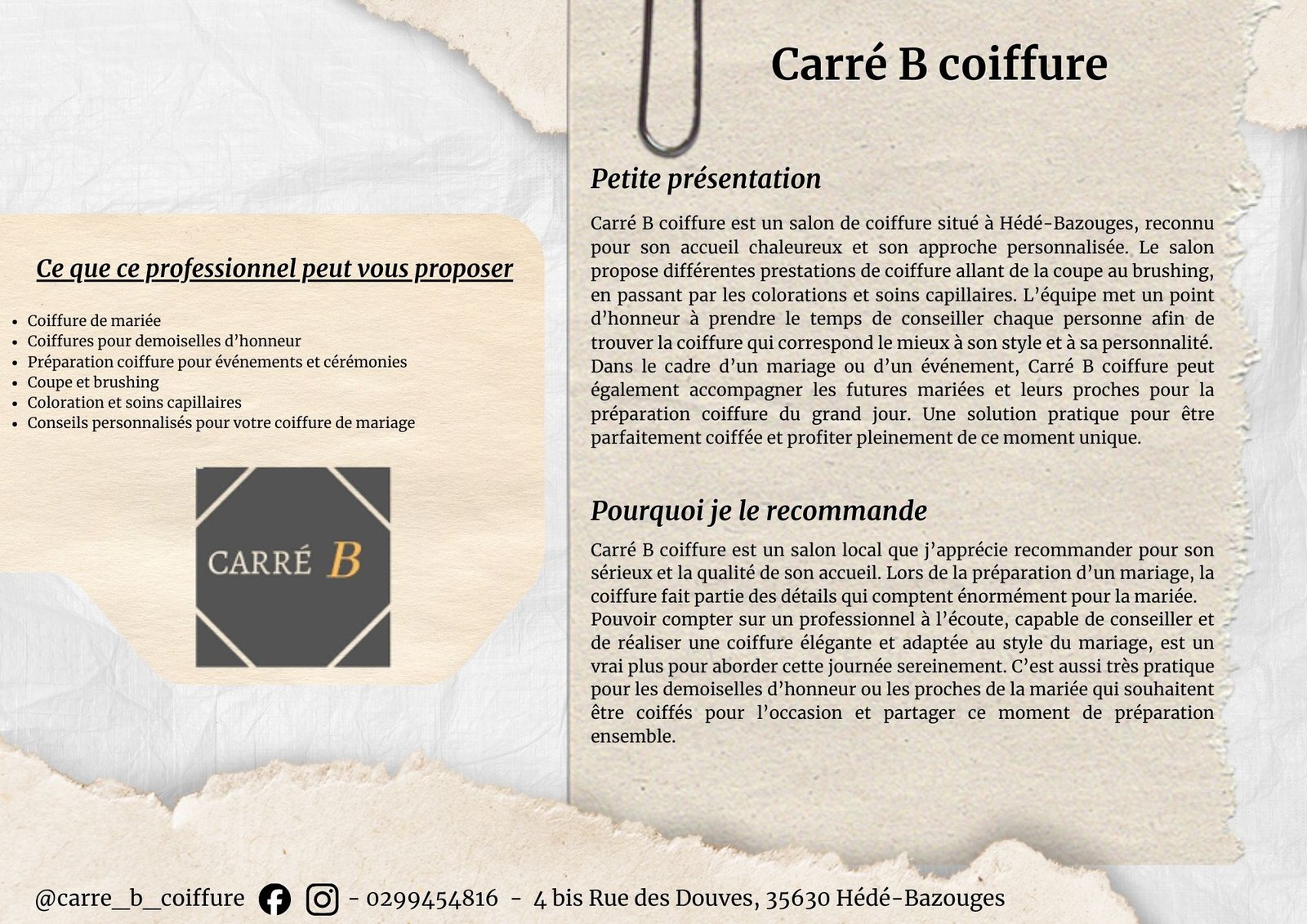 Salon Carré B Coiffure à Hédé-Bazouges proposant coiffure de mariée, coiffure d’événements et préparation coiffure pour mariage en Bretagne.