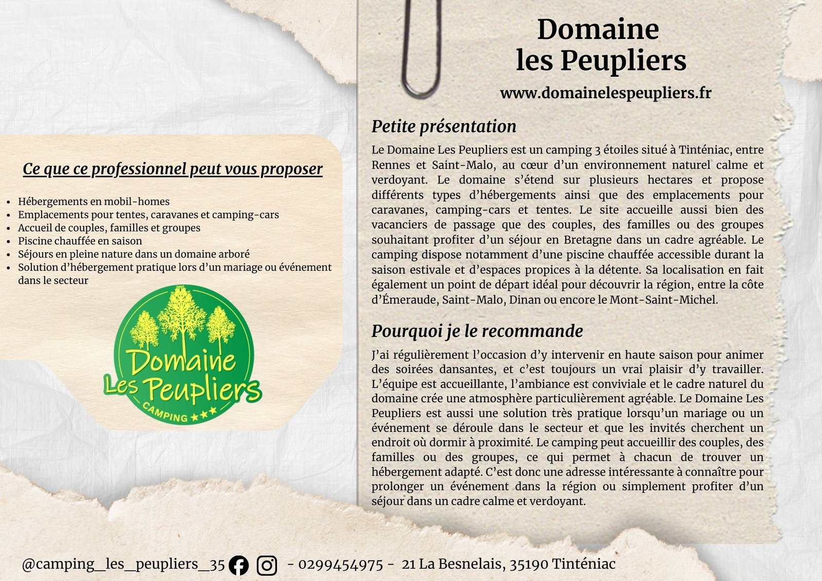 Camping Domaine Les Peupliers à Tinténiac proposant mobil-homes, emplacements camping et hébergement pour invités de mariage en Bretagne.