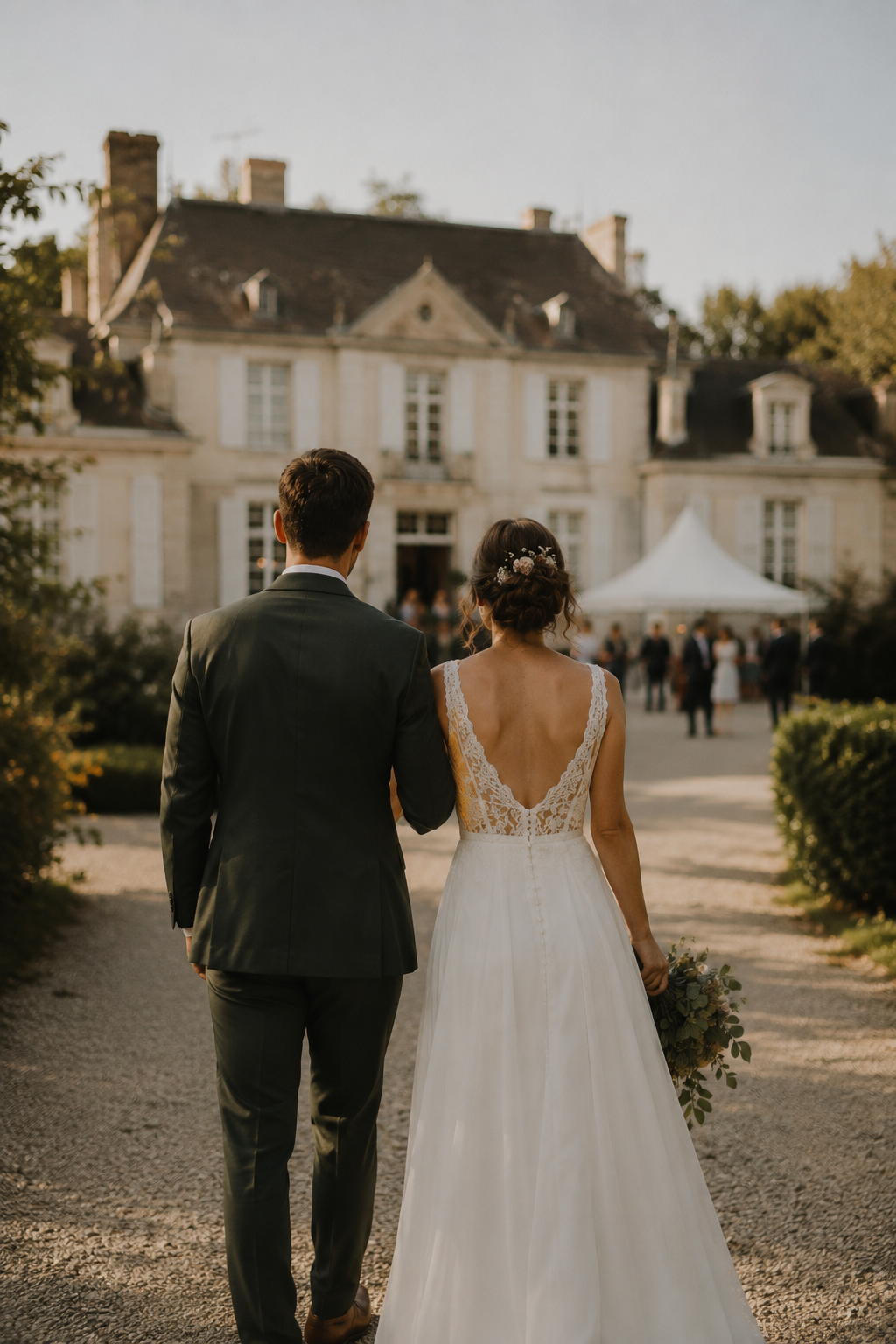 Jeunes mariés de dos marchant vers un domaine de réception en Bretagne lors de leur mariage, accompagnés par l'Agence Moment de Grâce.
